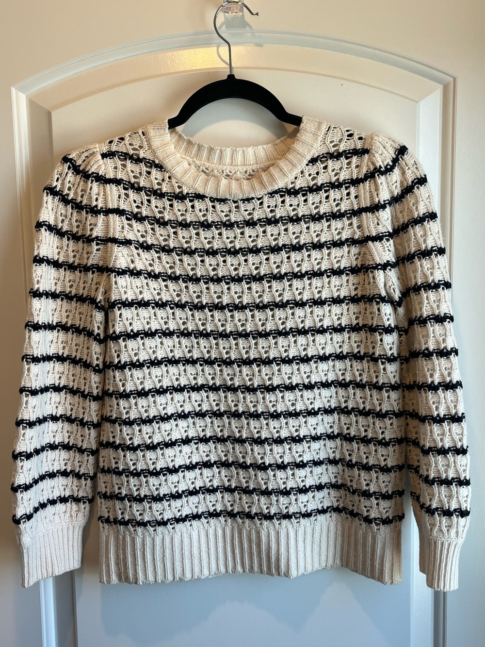 La Vie Rebecca Taylor Striped Crochet Knit Sweater Ivory & Navy Blue Size XS